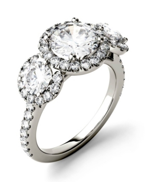 image of Moissanite Three Stone Halo Ring (3 ct. t.w. Diamond Equivalent) in 14k White Gold