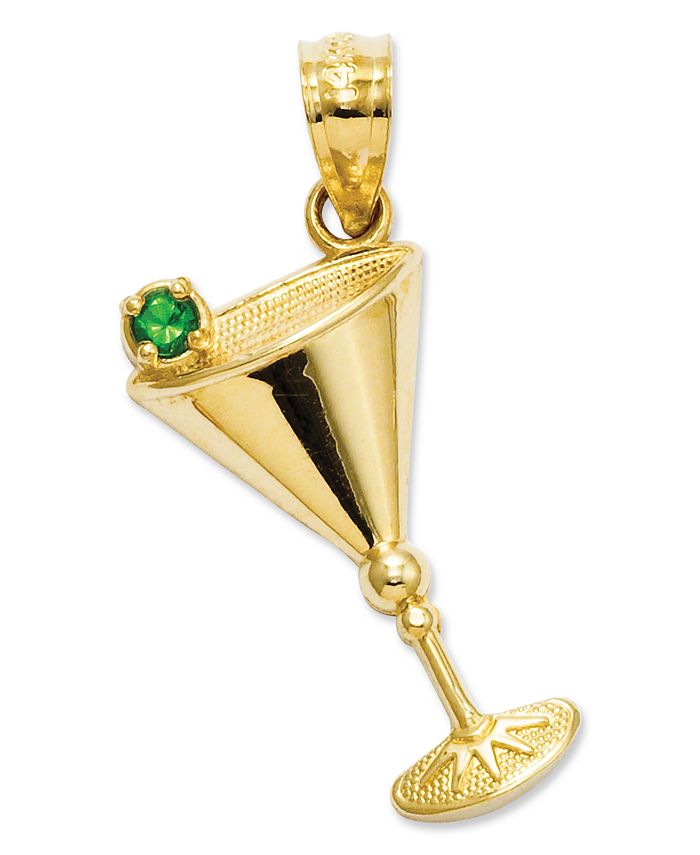 14k Gold Charm, Green Cubic Zirconia Accent Martini Glass Charm
