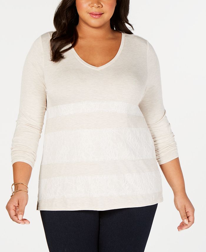 One A Plus Size Lace-Striped Top - Macy's
