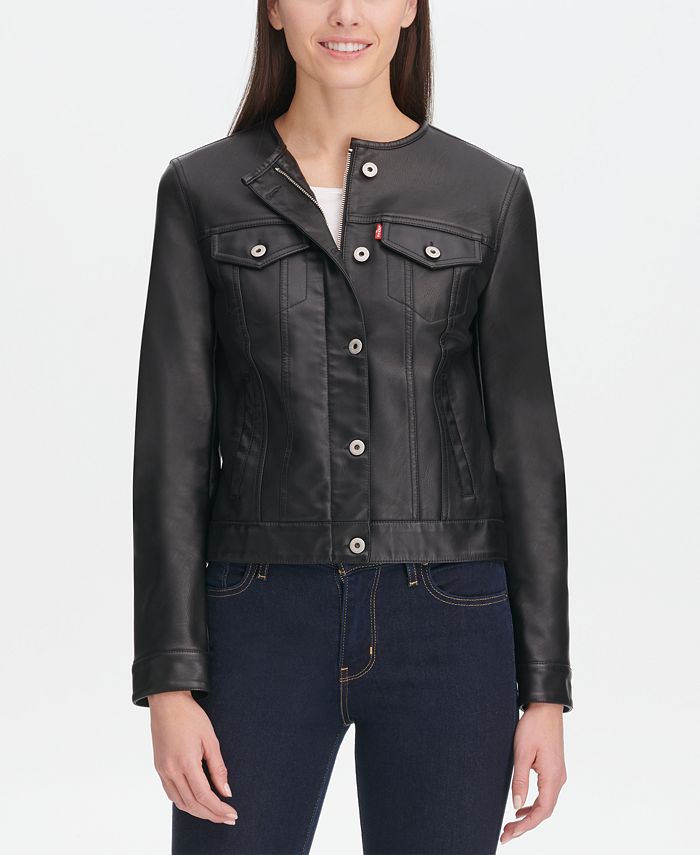 Levi's Collarless Faux-Leather Trucker Jacket & Reviews - Jackets & Vests -  Juniors - Macy's