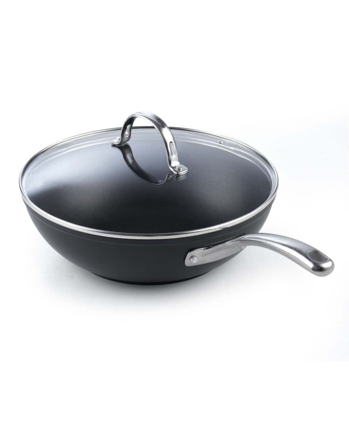 Cooks Standard 11-Inch Hard Anodized Nonstick Stir-Fry Wok Pan Deep Frying Pan with Glass Lid, Flat Bottom,- Black