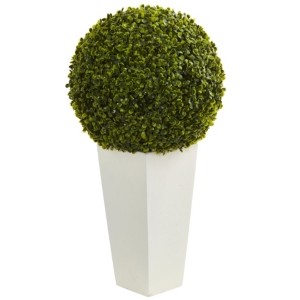 Nearly Natural 28" Boxwood Topiary Ball Artificial Plant In White Tower Planter In Green