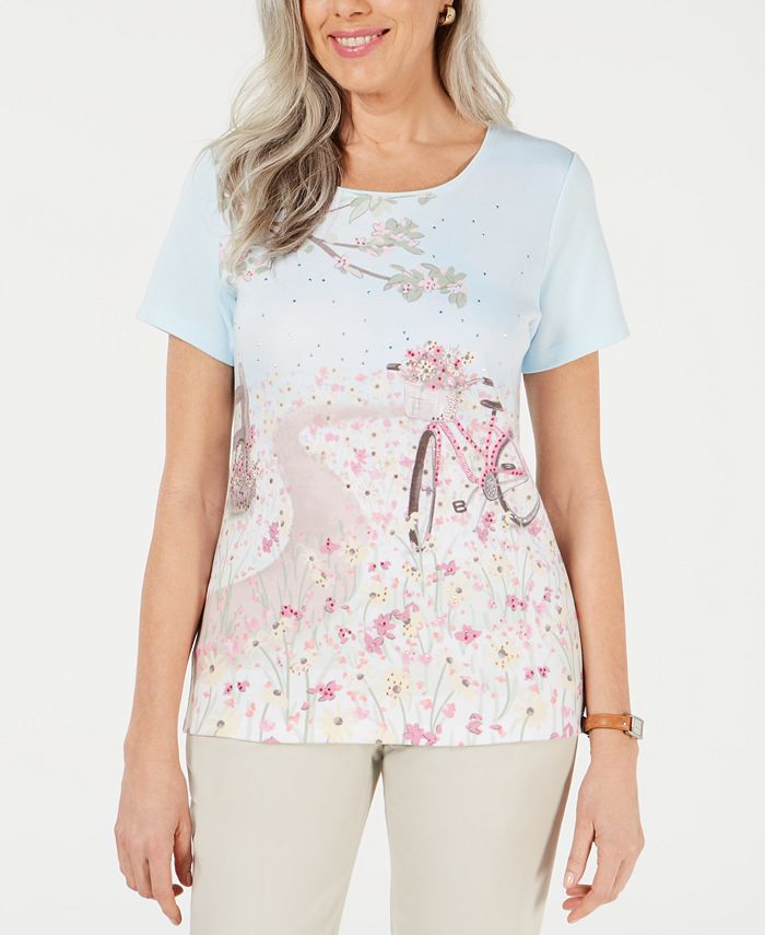 Karen Scott Womens Embellished Graphic Top Black Size Medium