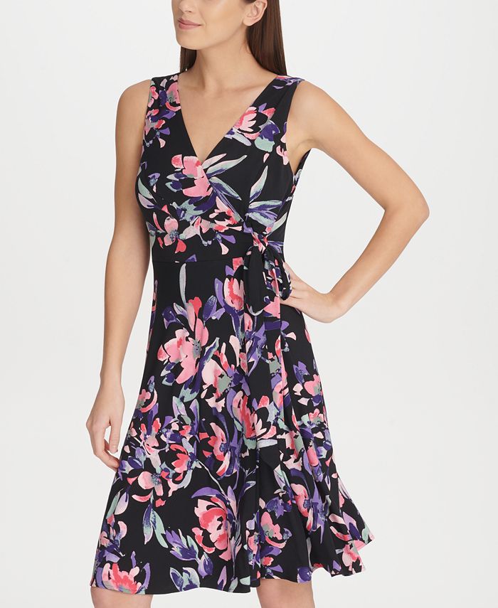 DKNY Side Tie Jersey Floral A-Line Dress, Created for Macy's - Macy's