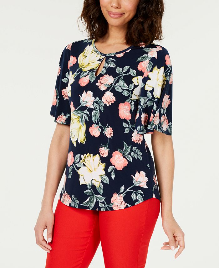 Charter Club Petite Flutter-Sleeve Keyhole Top, Created for Macy's - Macy's