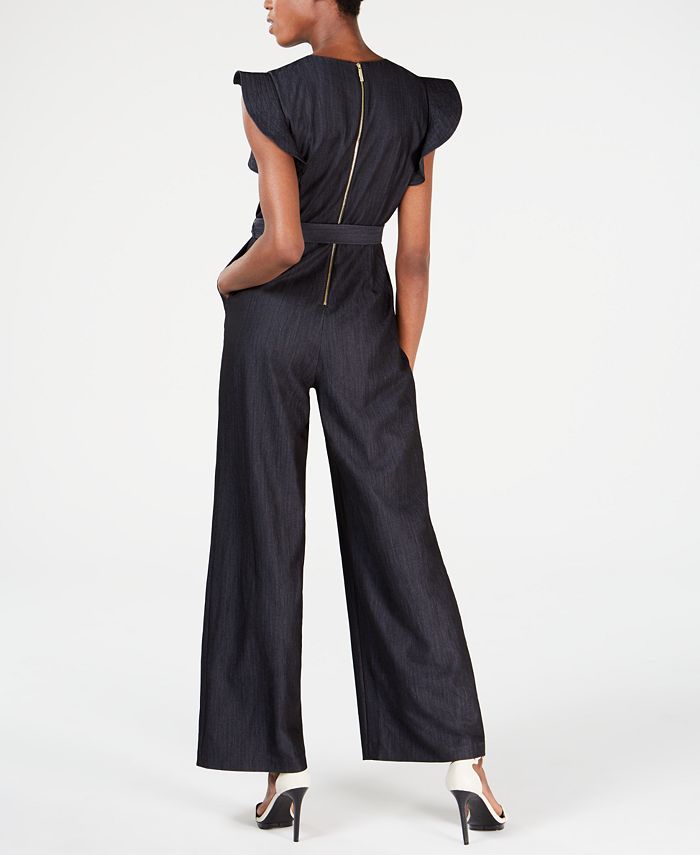 Calvin Klein Ruffle-Sleeve Chambray Jumpsuit - Macy's