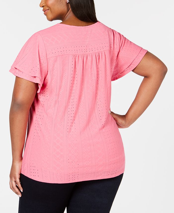 NY Collection Plus Size Pointelle Flutter-Sleeve Top - Macy's