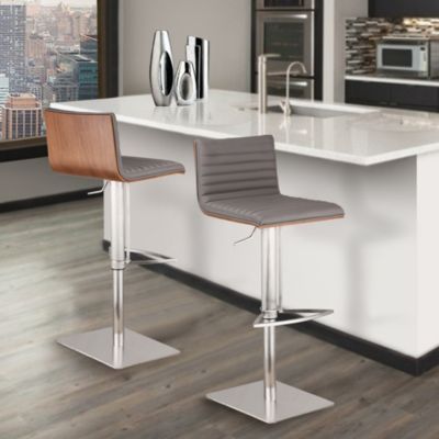 Caf&eacute; Adjustable Height Swivel Gray Artificial leather and Walnut Wood Bar Stool with Brushed Stainless Steel Base
