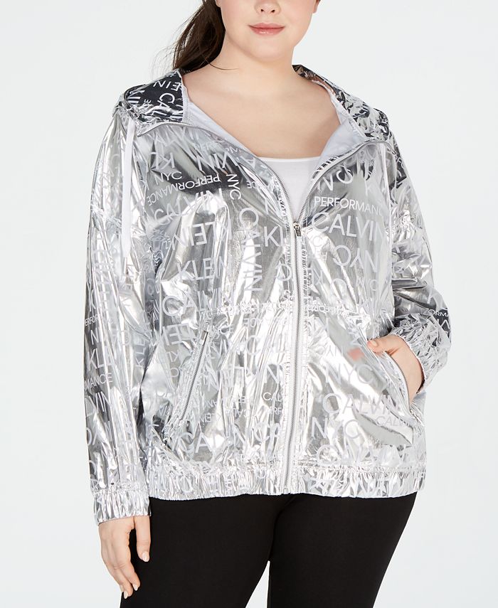 Calvin Klein Plus Size Logo-Print Water-Repellent Hooded Jacket & Reviews -  Tops - Plus Sizes - Macy's