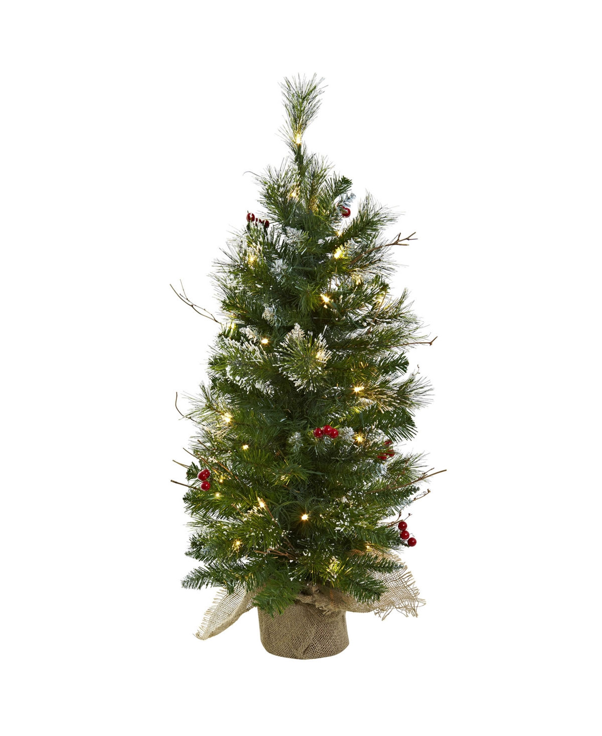 3-Ft. Christmas Tree with Clear Lights Berries and Burlap Bag - Green