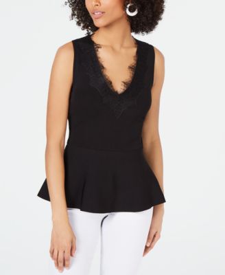 INC International Concepts - Lace-Trim Peplum Sleeveless Sweater Top
