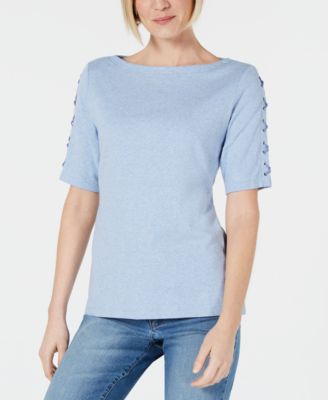 Karen Scott - Cotton Lace-Up-Sleeve Top