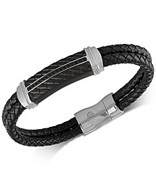 Diamond & Leather Bracelet in Stainless Steel & Black Ion-Plate, Created for Macy's