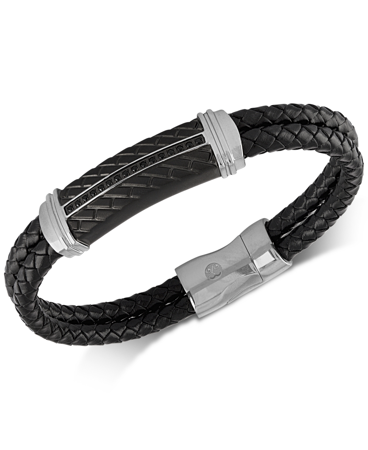 Diamond & Leather Bracelet in Stainless Steel & Black Ion-Plate, Created for Macy's - Black