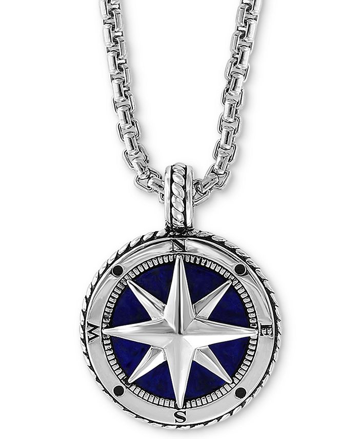EFFY Collection - Men's Lapis Lazuli (14-1/2mm) Compass 22" Pendant Necklace in Sterling Silver