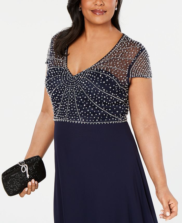 Betsy & Adam Plus Size V-Neck Beaded Gown - Macy's