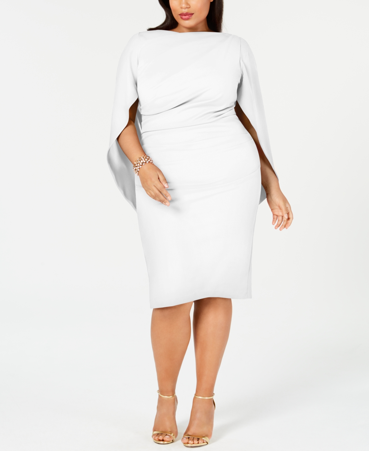 Plus Size Ruched Cape Dress - White