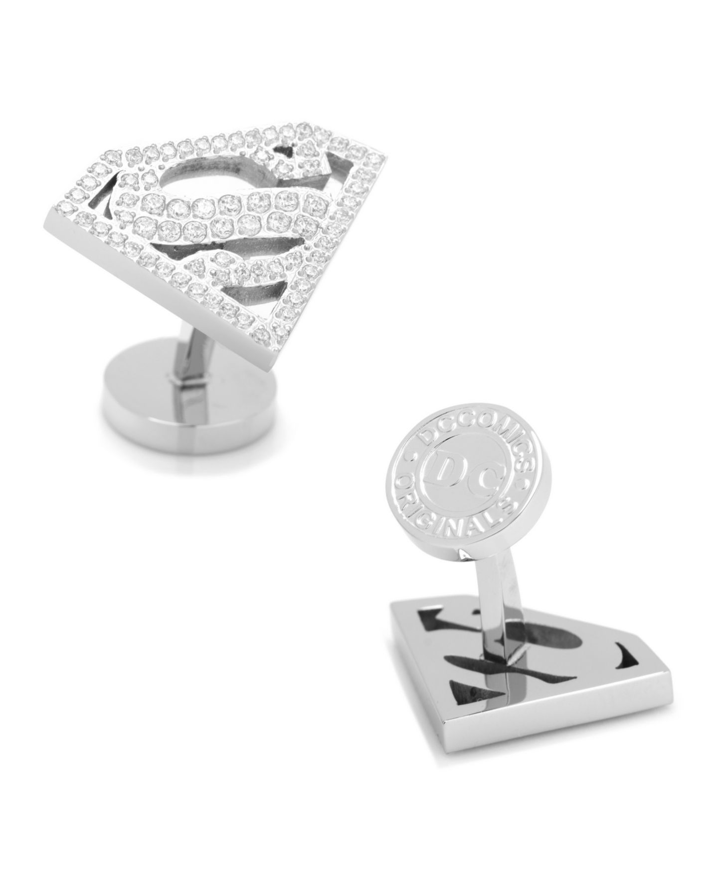 Мужские запонки Cufflinks Inc. Stainless Steel White Pave Crystal Superman Cufflinks — фото 1