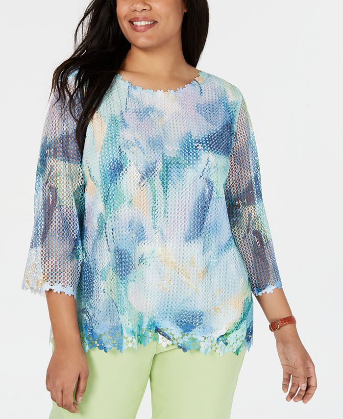 Alfred Dunner Plus Size Monterey Printed Mesh Top & Reviews - Tops ...