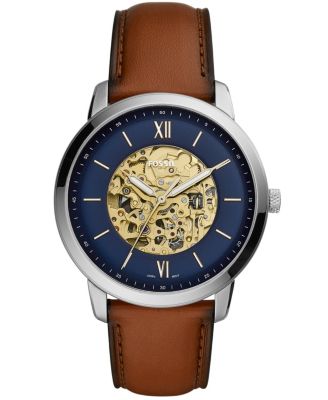 Fossil - Mens Neutra Automatic silver tone case with brown leather strap