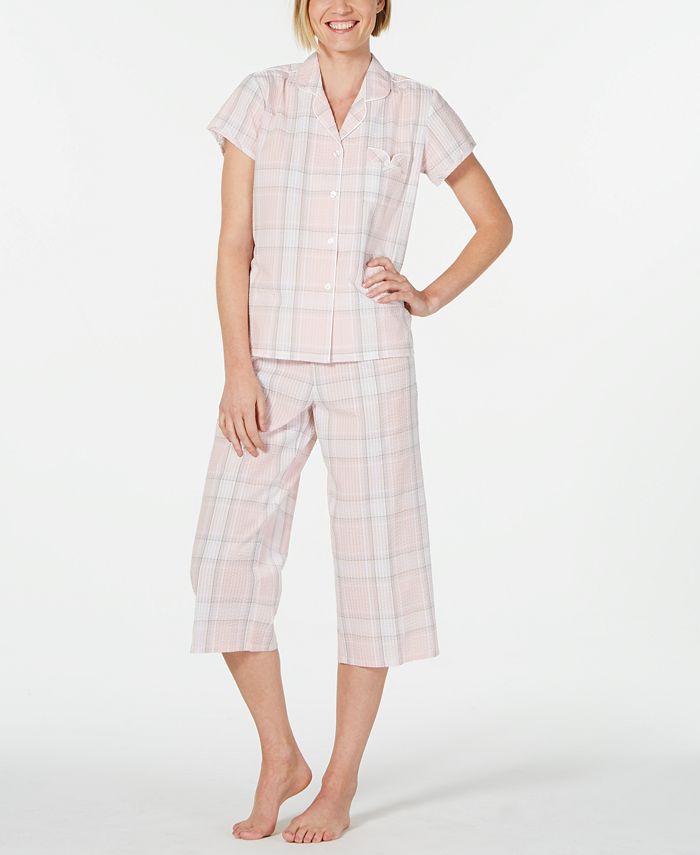 Miss Elaine Notch Collar Top and Cropped Pants Plaid Seersucker Pajama ...