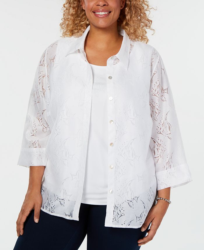 Alfred Dunner Plus Size Catalina Island Burnout Layered-Look Shirt - Macy's