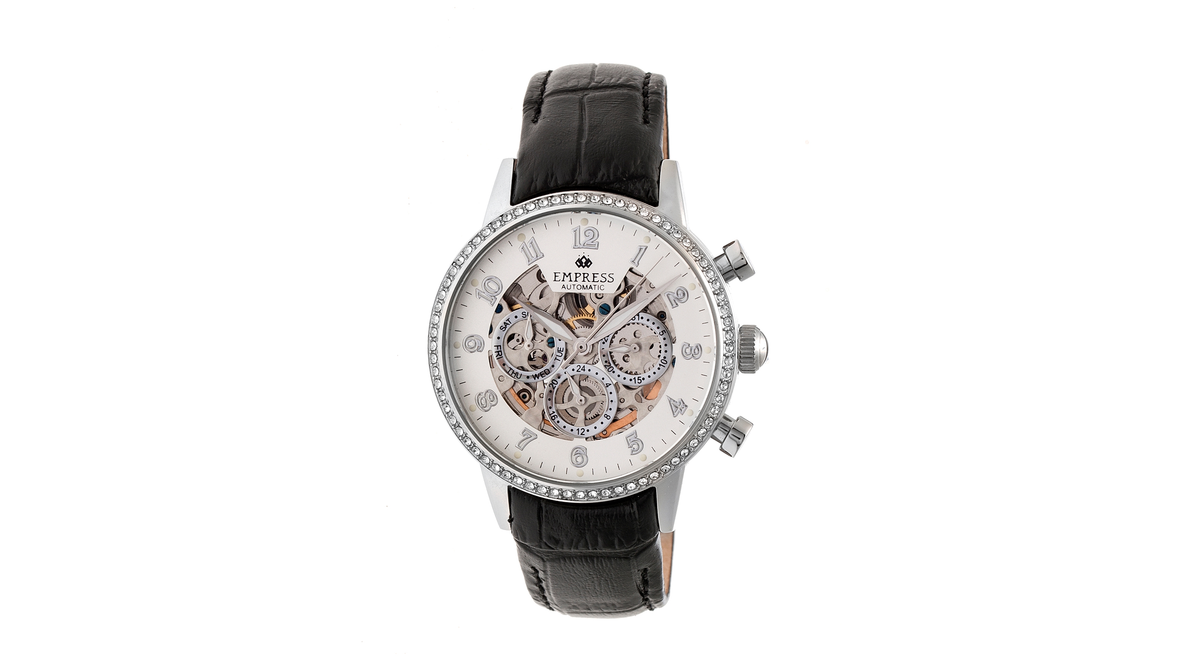 Empress Beatrice Automatic Silver Case, Black Leather Watch 38mm