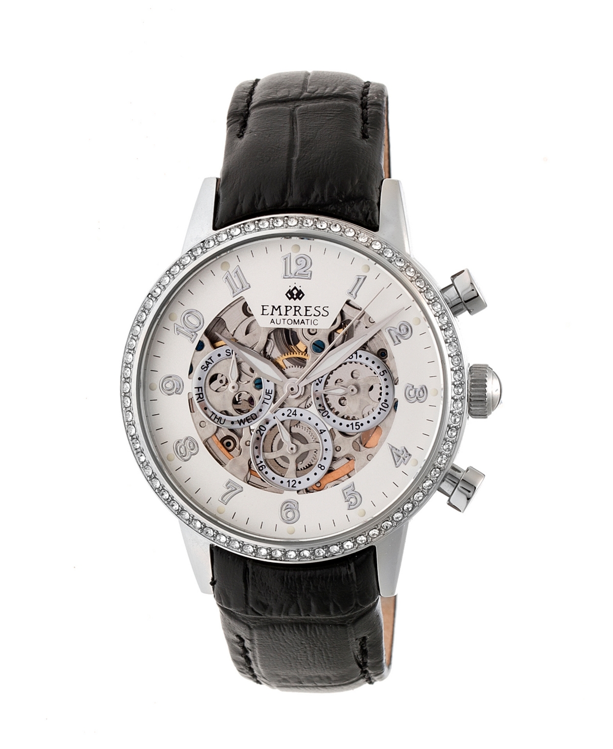 Empress Beatrice Automatic Silver Case, Black Leather Watch 38mm