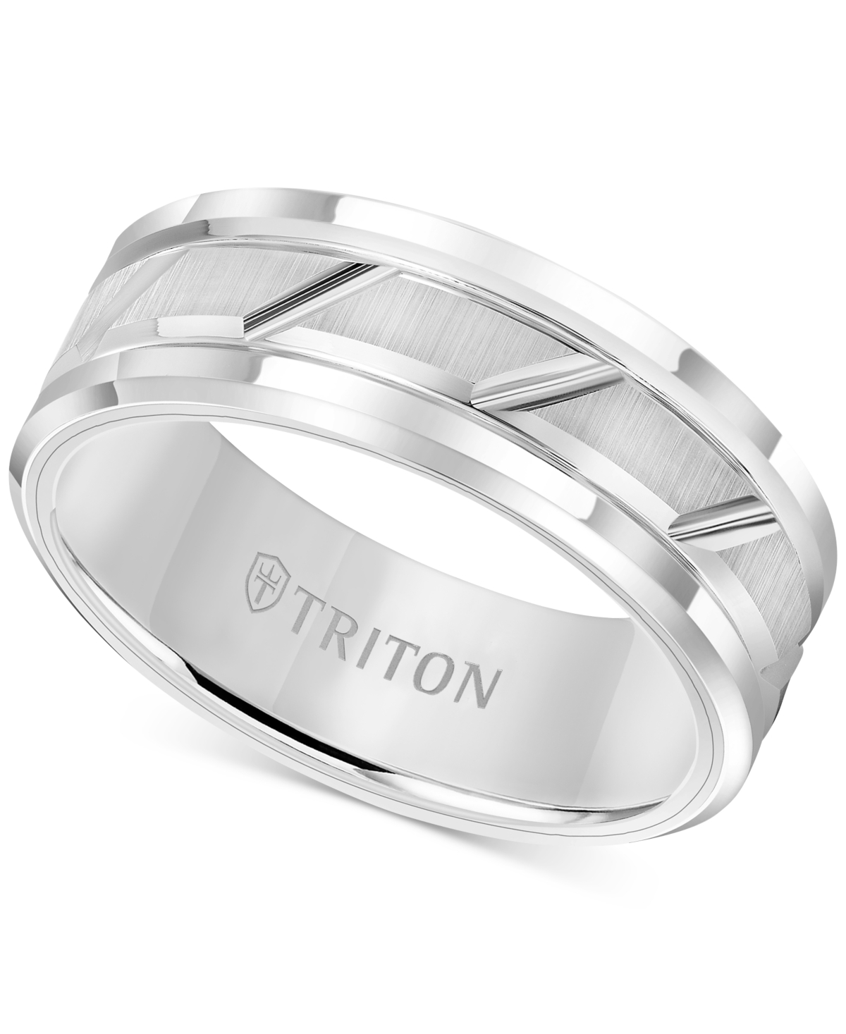 Men's White Tungsten Carbide Ring, 8mm Diamond-Cut Wedding Band - Tungsten