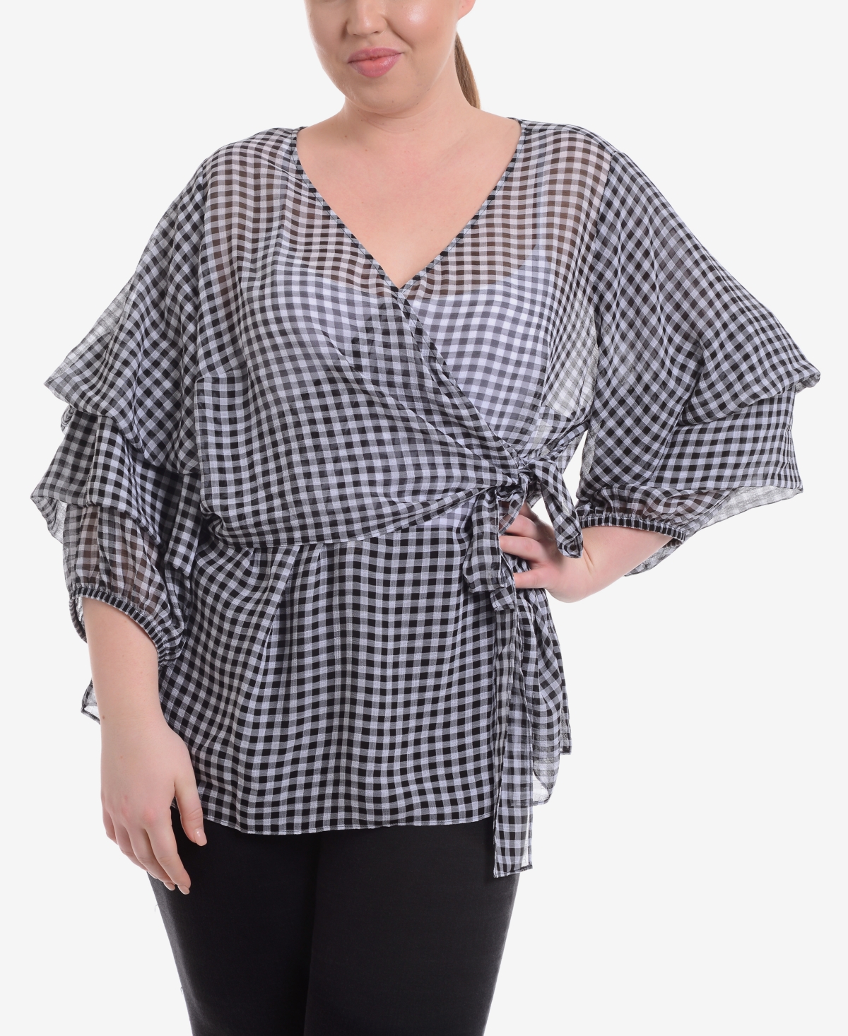 Plus Size Gingham-Print Wrap Top - Black Picnictime