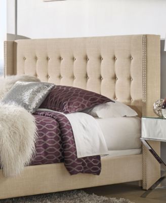 Amelina Tufted Beige Linen Nailhead Wingback Headboard, King