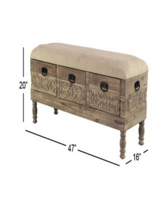 Rustic 20" x 47" Three-Drawer Storage Bench with Cushioned Seat
