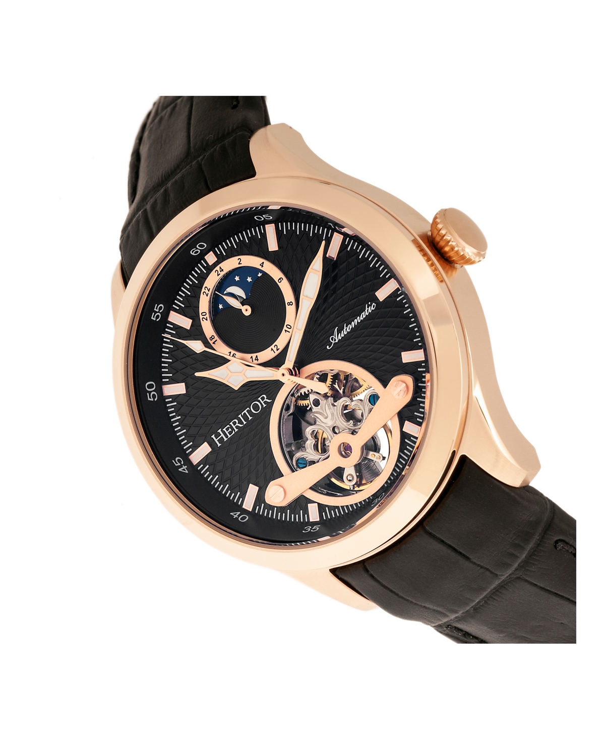 Heritor Automatic Gregory Rose Gold Case, GenuineLeather Watch 45mm - Black