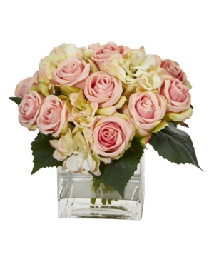 NEARLY NATURAL ROSE AND HYDRANGEA BOUQUET ARTIFICIAL ARRANGEMENT IN VASE 
