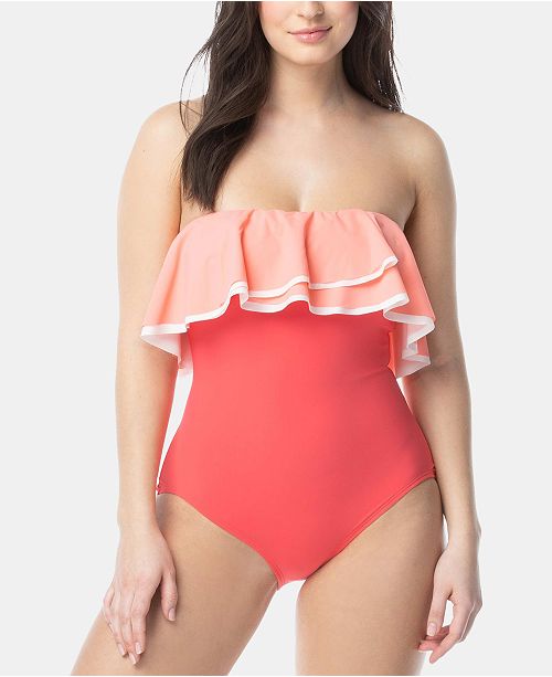 Vince Camuto Women's Tropical Ruffle Bandeau One-Piece Swimsuit – Off Shoulder Bathing Suit