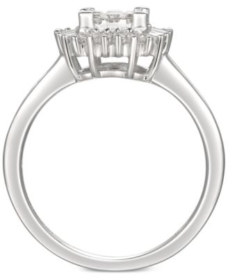 Cubic Zirconia Square Cluster Baguette Halo Ring n Sterling Silver