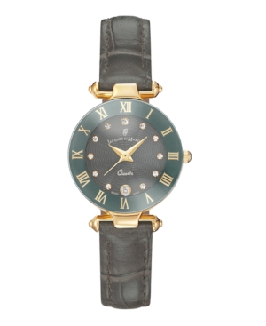 image of Jacques Du Manoir Ladies- Grey Genuine Leather Strap with Goldtone Case and Grey Dial with Diamond Markers, 26mm