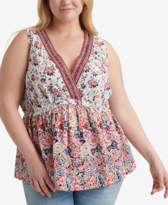Lucky Brand - Plus Size Cotton Embroidered Mixed-Print Top