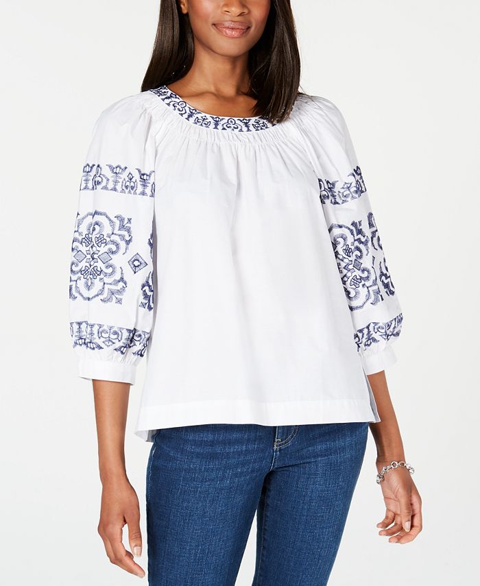 Tommy Hilfiger Embroidered Cotton Peasant Top, Created for Macy's - Macy's