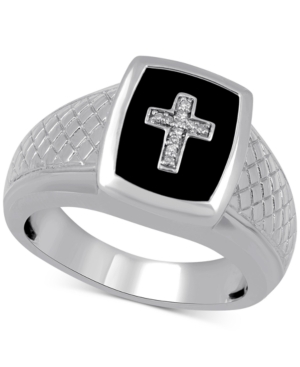 image of Men-s Onyx & Diamond Accent Cross Ring in Sterling Silver