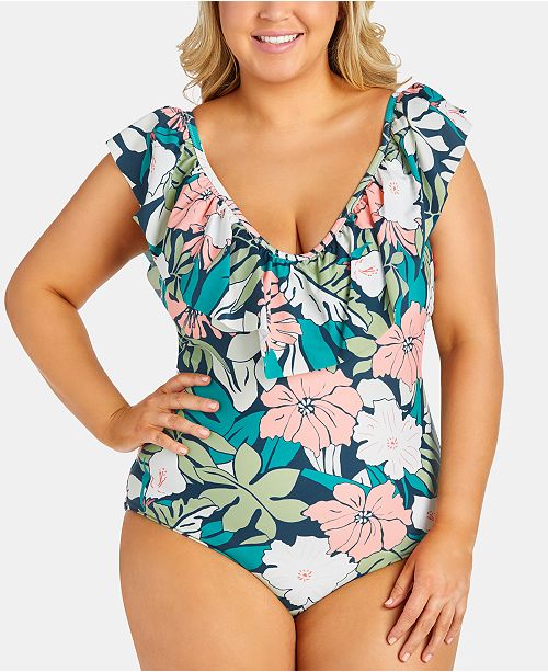 Raisins Curve Trendy Plus Size Juniors Hawaii Printed Ruffled Tie