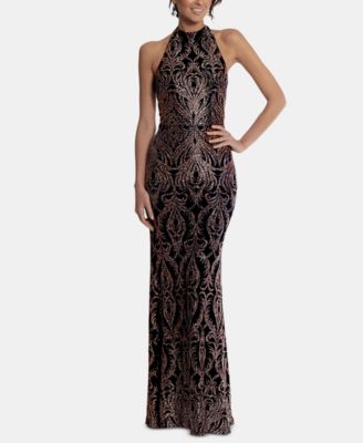 betsy & adam embroidered halter gown