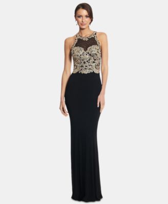 xscape petite embroidered illusion gown