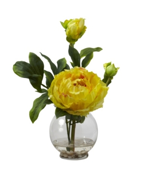 Nearly Natural Peony W/fluted Vase Silk Flower Arrangement In Yellow