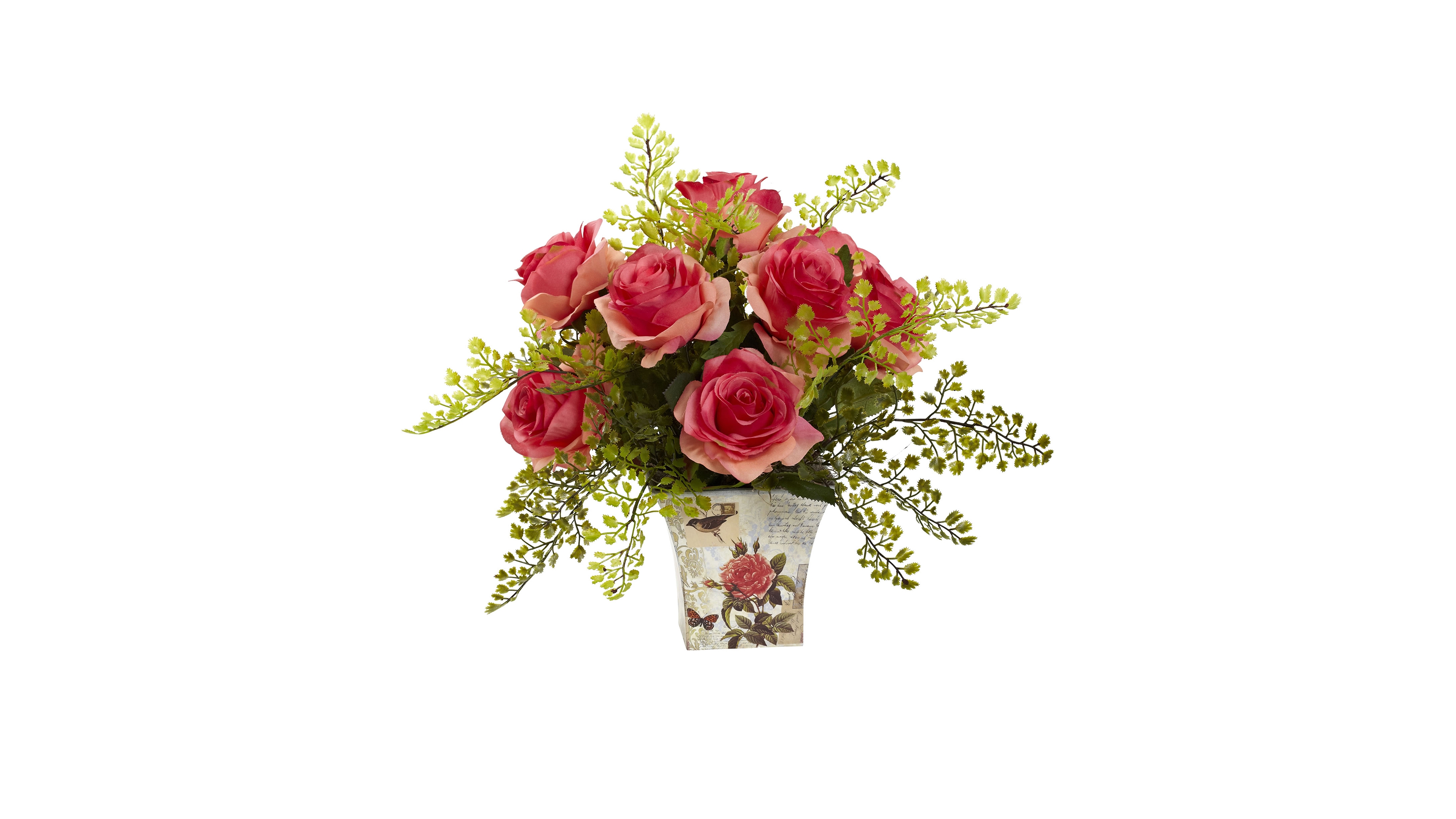 Nearly Natural Rose and Maiden Hair w/Floral Planter