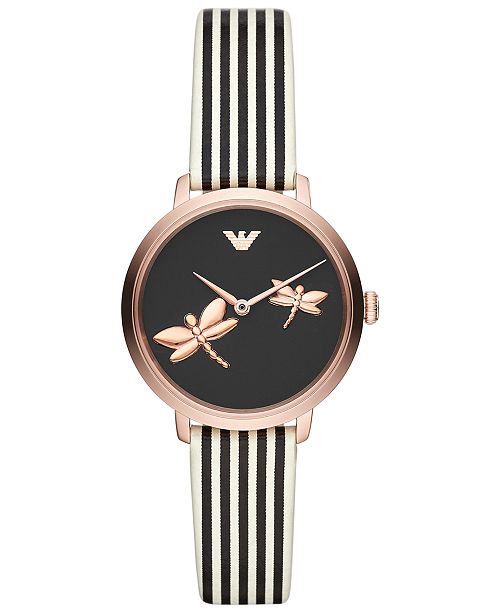 Emporio Armani Women S Black White Striped Leather Strap Watch 32mm Reviews All Fine Jewelry Jewelry Watches Macy S