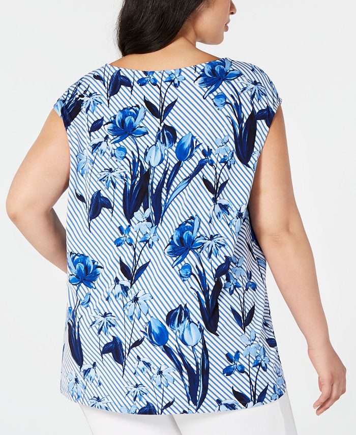 Calvin Klein Plus Size Striped Floral-Print Top - Macy's