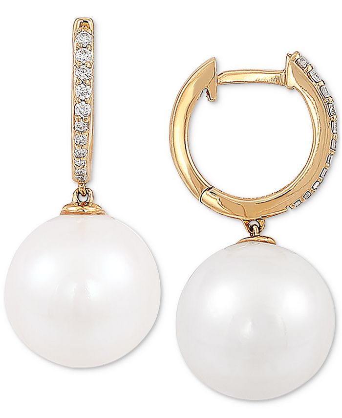 Honora - Cultured White Ming Pearl (12mm) & Diamond (1/8 ct. t.w.) Drop Earrings in 14k Gold