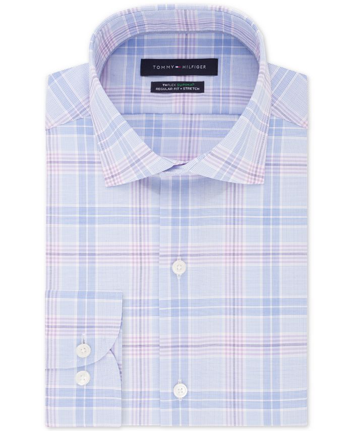 Tommy Hilfiger Men's Classic Regular Fit Non Iron THFlex Supima Performance Stretch Blue Check Dress Shirt Blue Size 16X34-35