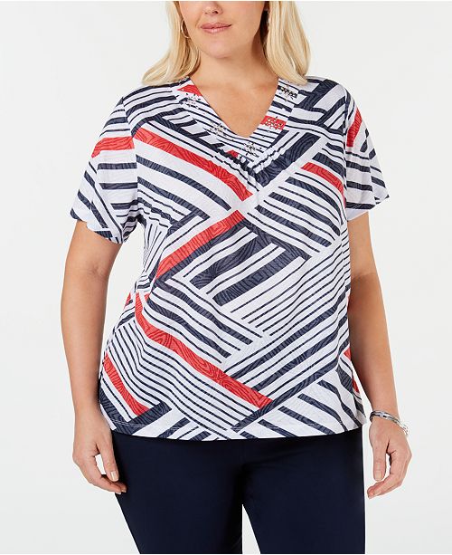 Alfred Dunner Plus Size In The Navy Printed Embellished T Shirt